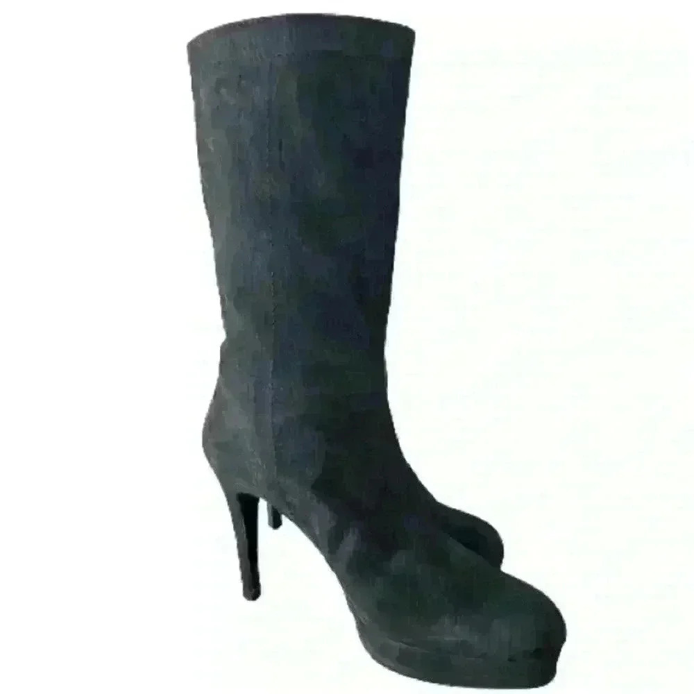VERO CUIOIO BLACK LEATHER FUR HEELS OVAL TOE PLATFORM BOOTS SIZE 38 - Picture 2 of 16